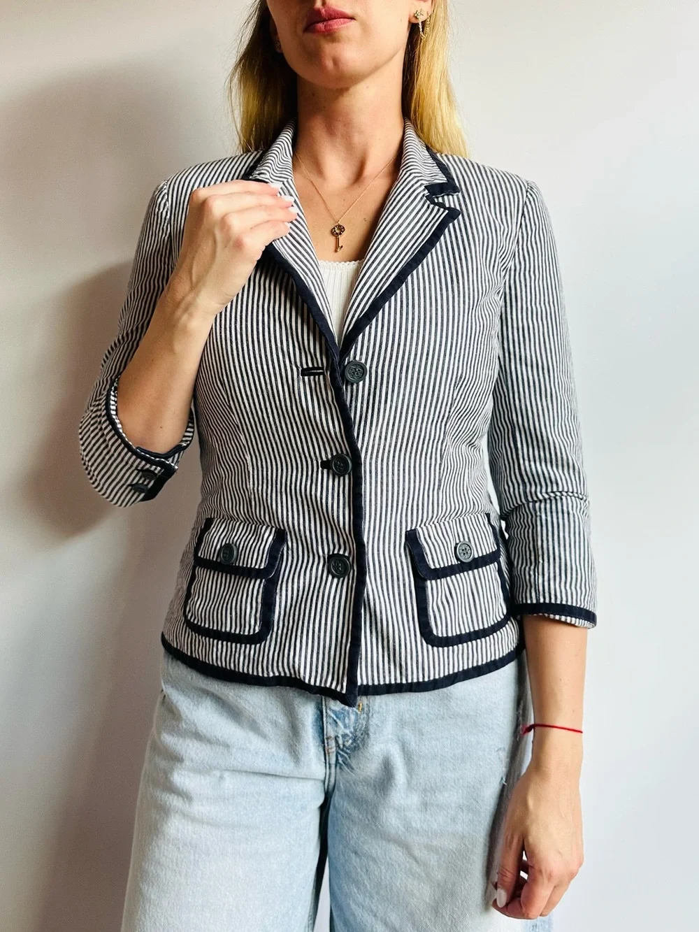 Vintage Tory Burch Seersucker Stripe Linen Cotton Blazer Jacket Navy Preppy
